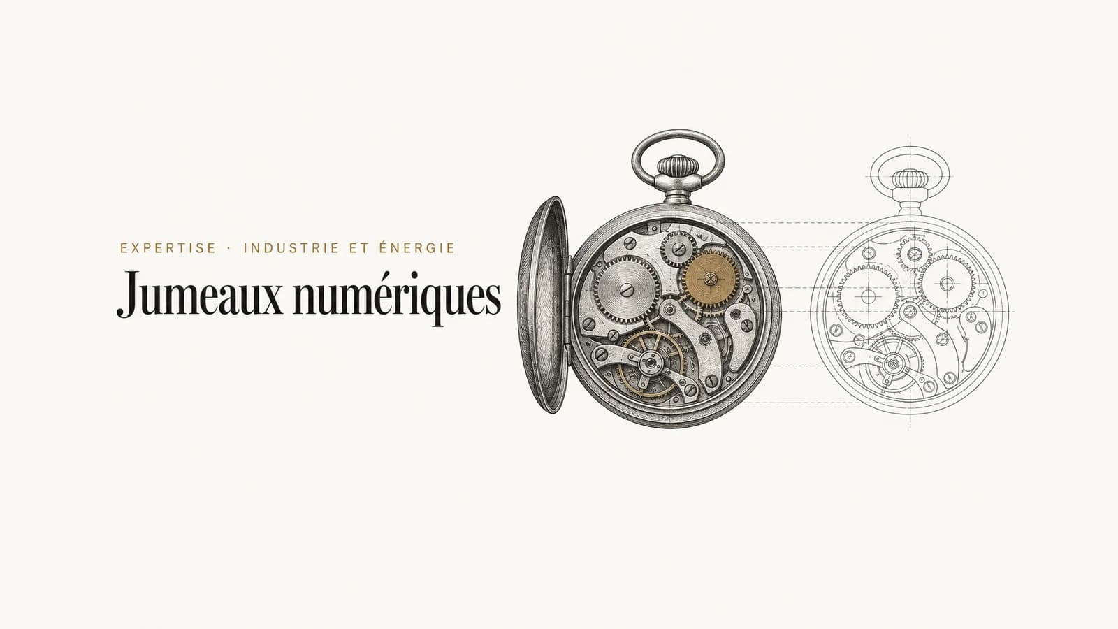 Un mouvement de montre mécanique et son épure technique à la même échelle, reliés par des lignes de construction : l’objet réel et son modèle
