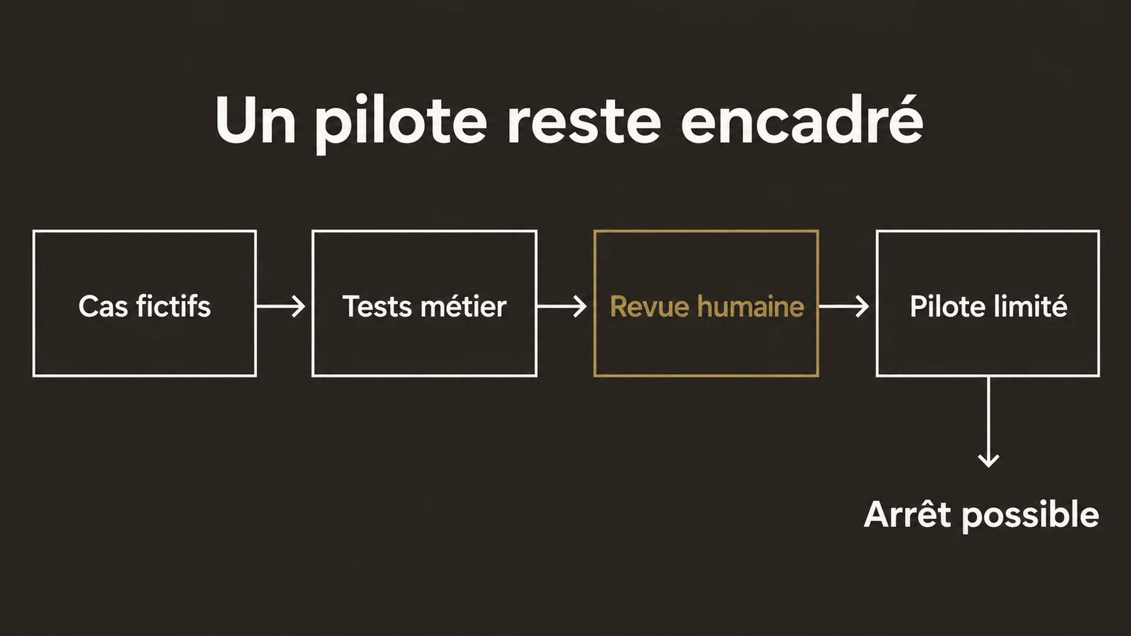 Parcours proposé du cas de test au pilote encadré, avec une revue humaine avant tout usage