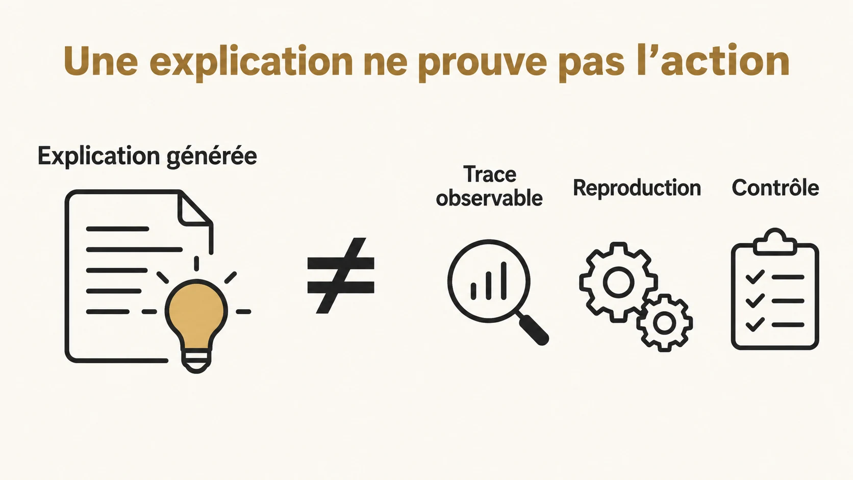 Une trace observable, une reproduction et un contrôle sont distincts d’une explication générée