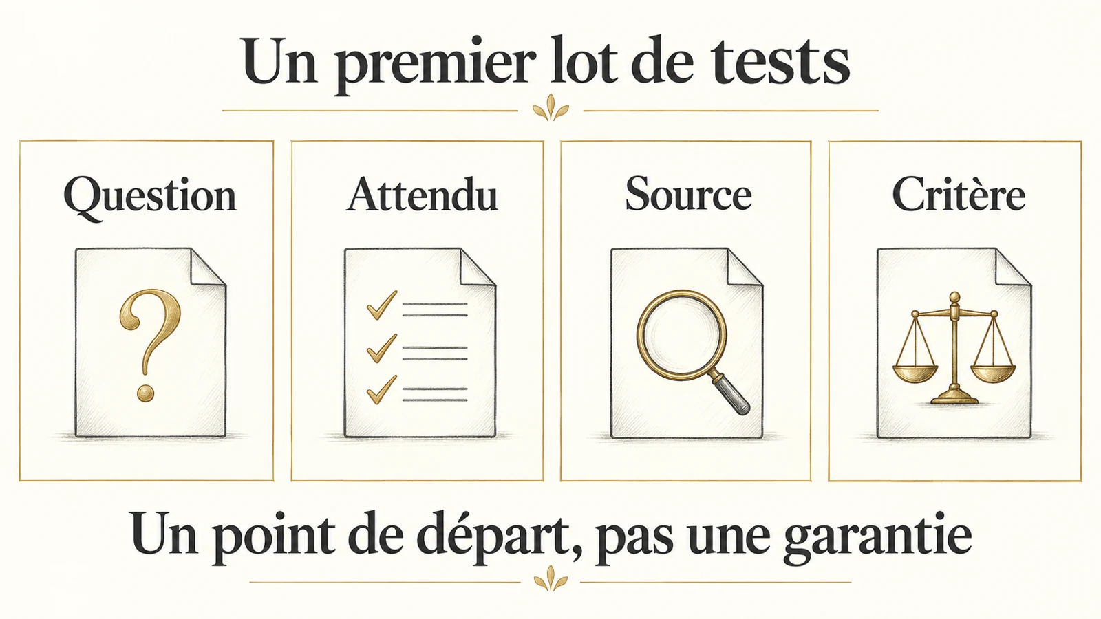 Question, réponse attendue, source et seuil : quatre colonnes pour commencer