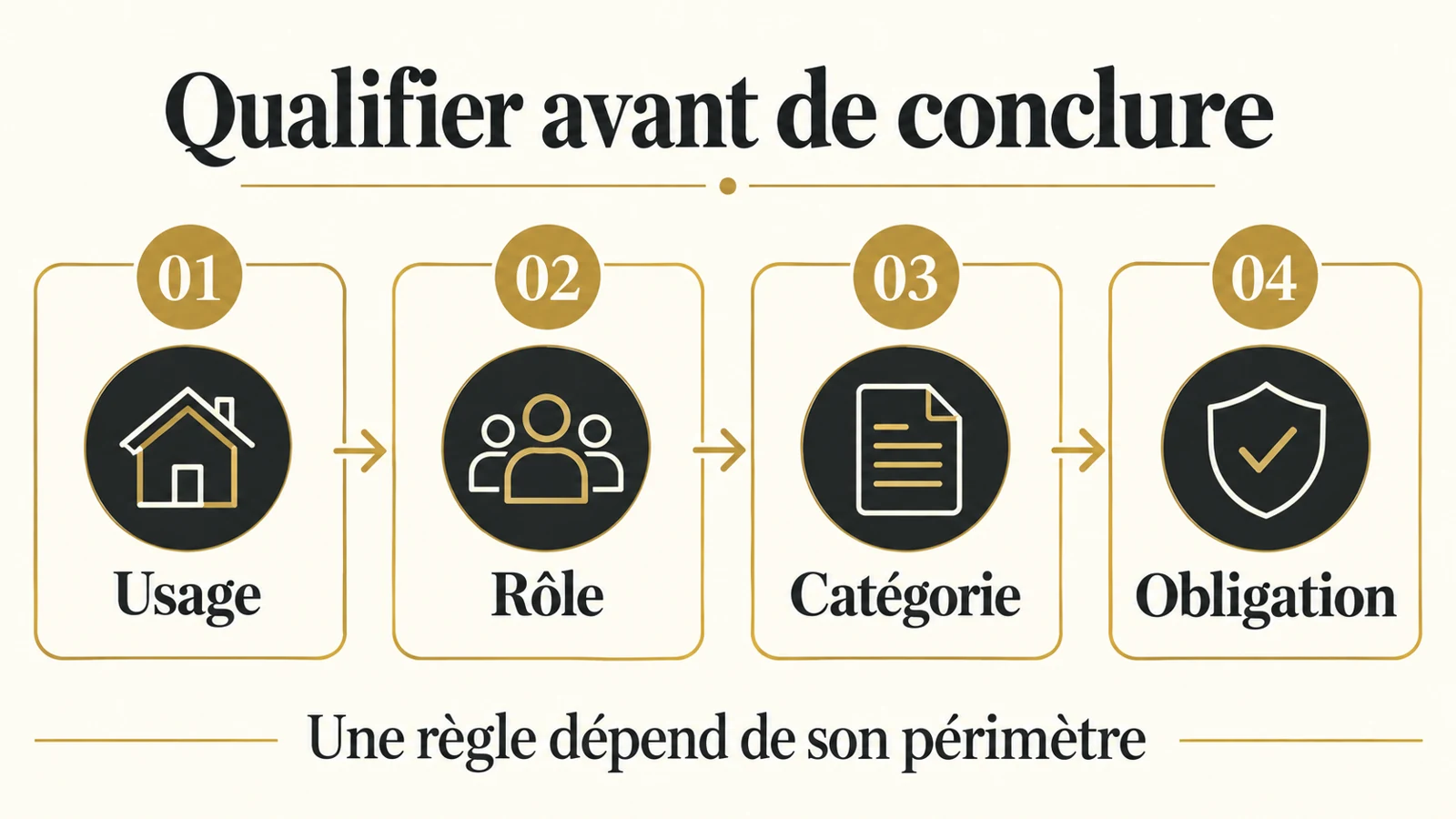 Quatre étapes de qualification : usage, rôle, catégorie et obligation